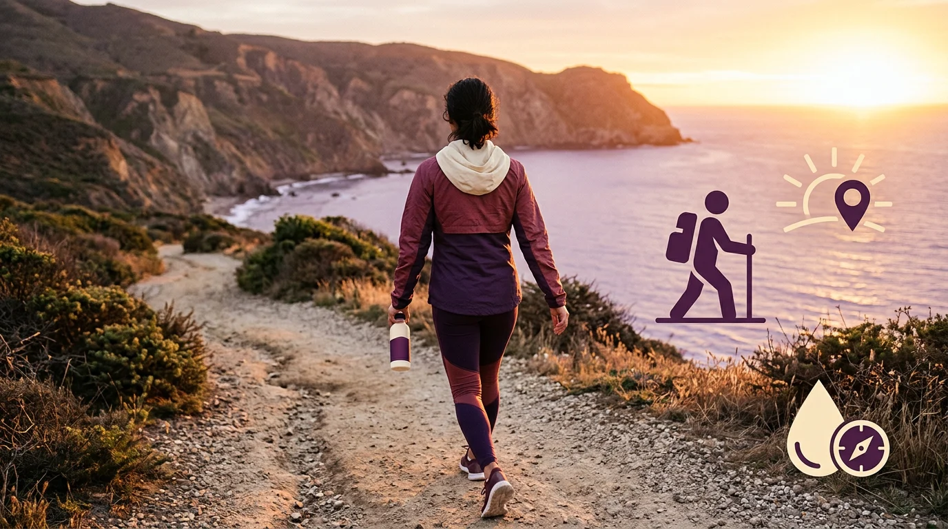 A person walking briskly along a coastal path at sunset, seen from behind