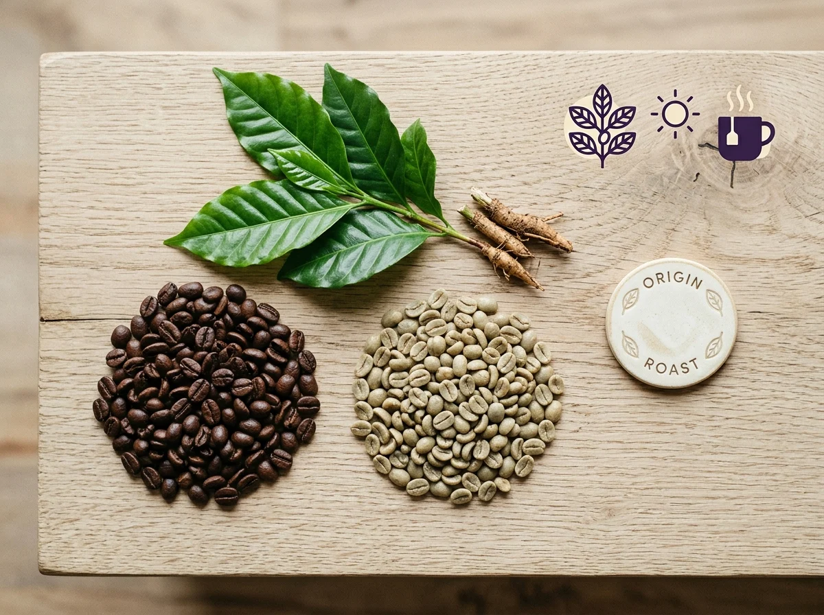 Whole roasted and green coffee beans with plant extracts used for chromium and normal metabolism support in Wellaray Coffee